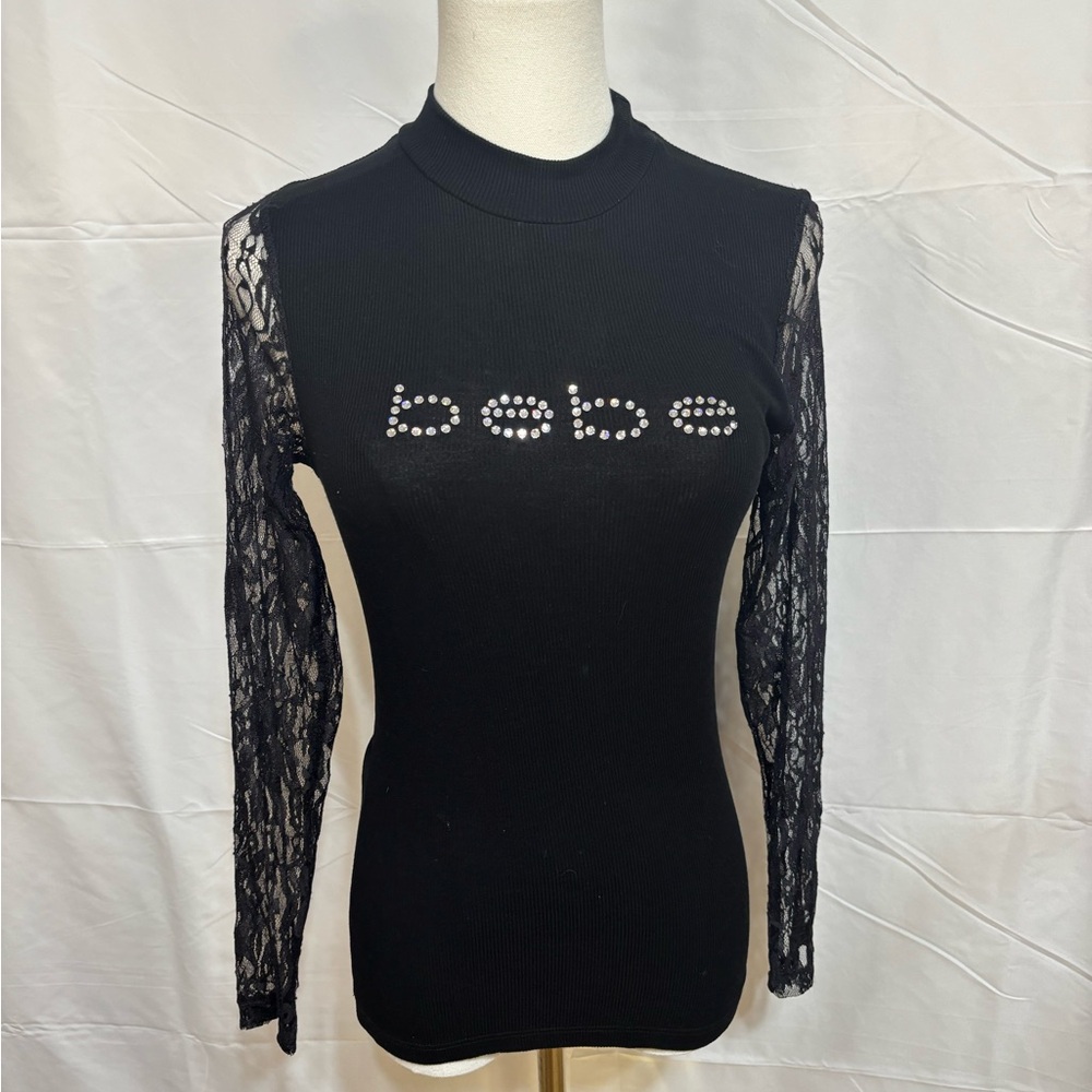 Y2K 2b‎ Bebe Rhinestone Logo Lace Sleeve Top Black Mock Neck Small